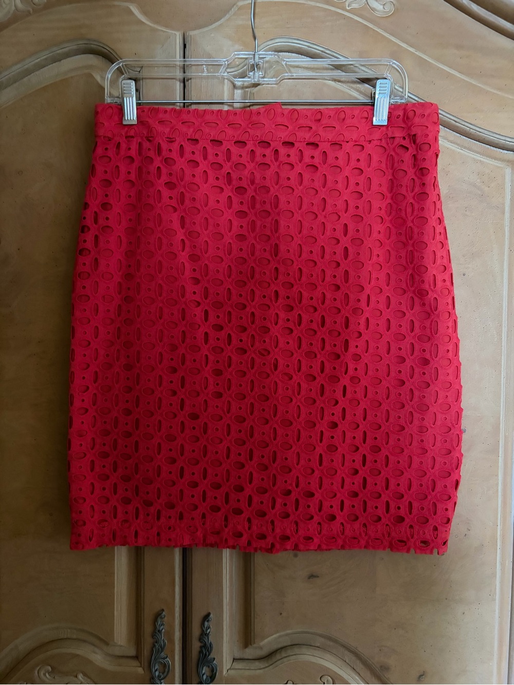 Kenar Red Eyelet Lace Pencil Skirt